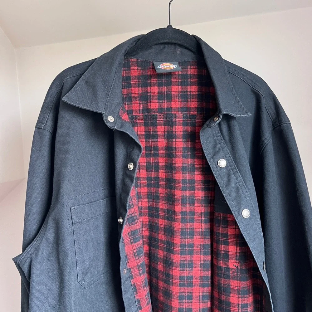 Dickies Flannel Lined Work Shirt XL Black Canvas Snap‎ Front Plaid Lined Jacket